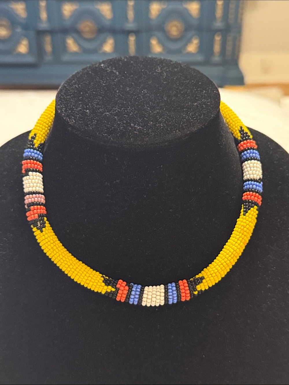Vintage Native American Style Yellow Seed Beaded Choker Statement Necklace